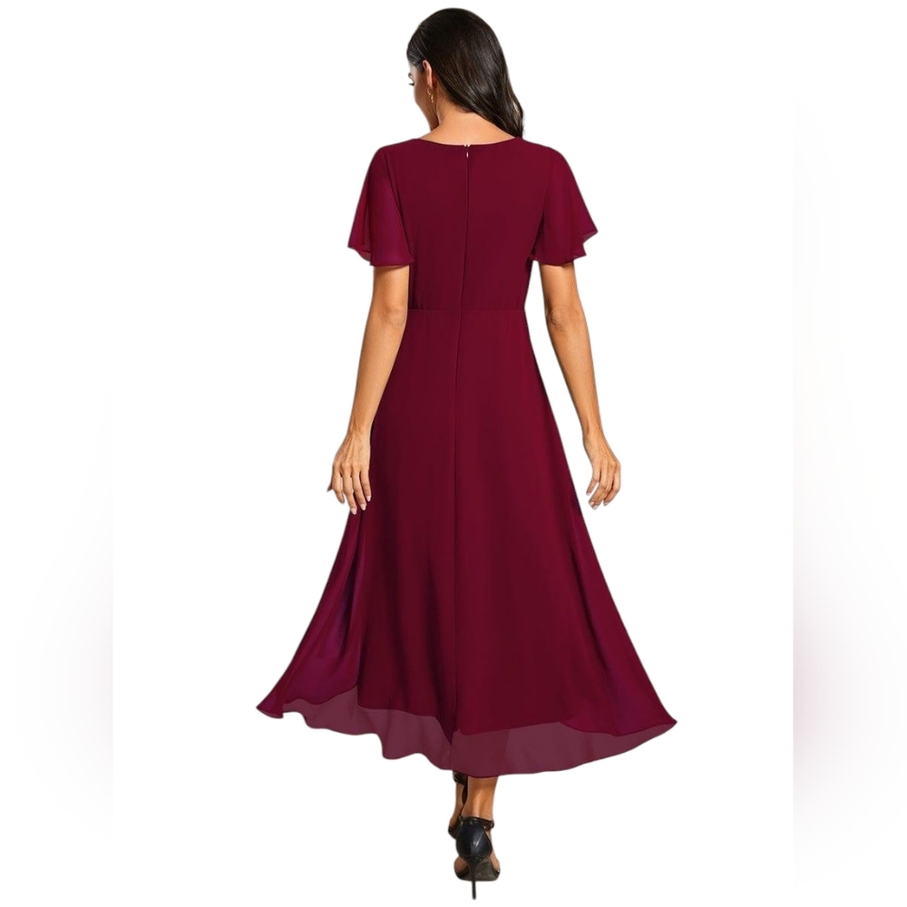Ever Pretty Burgundy Chiffon Midi Dress US 8 V-Neck Ruffle Sleeves Size L NWT - Picture 3 of 11